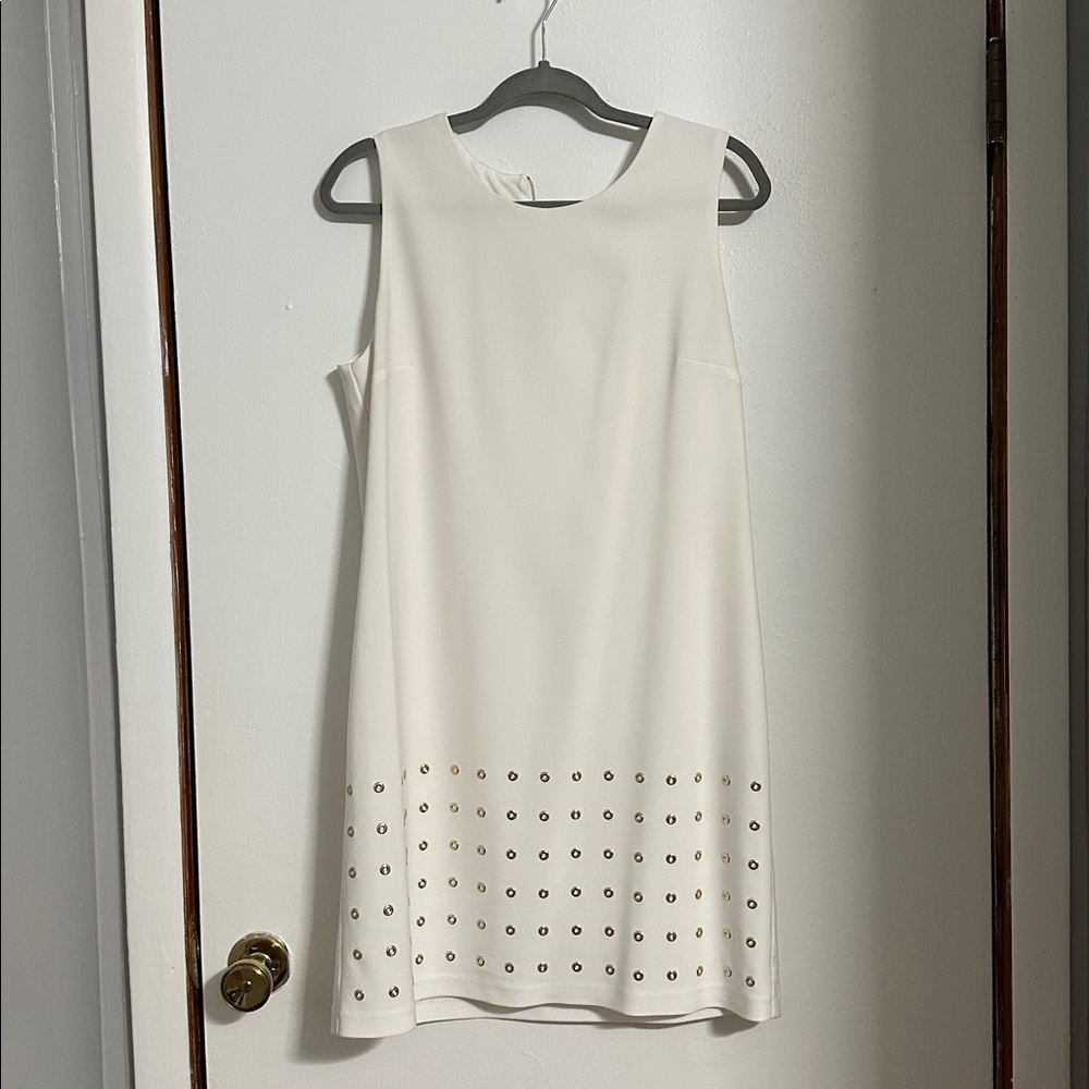 Joseph Ribkoff White Sleeveless Dress with Gold Accents